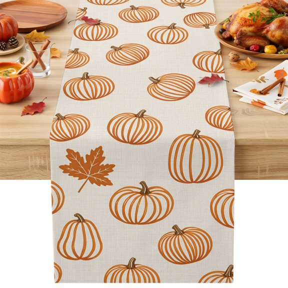 Orange Outline Pumpkins Table Runner 13x36 Inch Autumn Maple Leaf Beige Cotton Linen Dining Table Runner Ideal for Dresser Kitchen Coffee Tables - Machine Washable