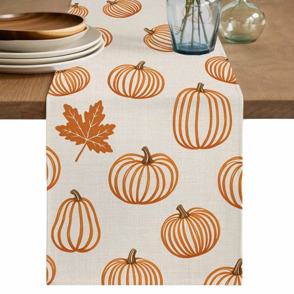 Orange Outline Pumpkins Table Runner, Autumn Maple Leaf Beige Cotton Linen Table Cloth, Tablerunner for Kitchen Dining Party Wedding Home Decor 18x72 Inch