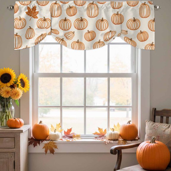 Orange Outline Pumpkins Tie Up Valance for Windows, Autumn Maple Leaf Beige Adjustable Rod Pocket Tie Up Valance Curtains Window Treatment for Kitchen Bathroom Bedroom 42 X 12 Inch
