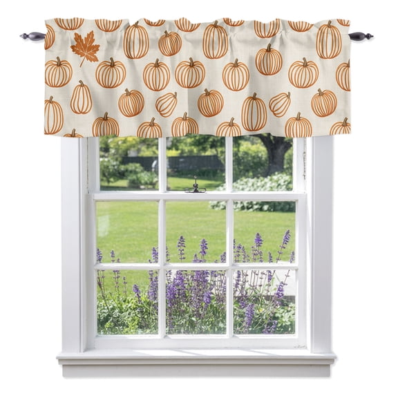 Orange Outline Pumpkins Valances for Windows Autumn Maple Leaf Beige Rod Pocket Light Filtering Short Window Treatments Curtains for Kitchen Bathroom Living Room Bedroom, 1 Panel, 42 x 12 Inch