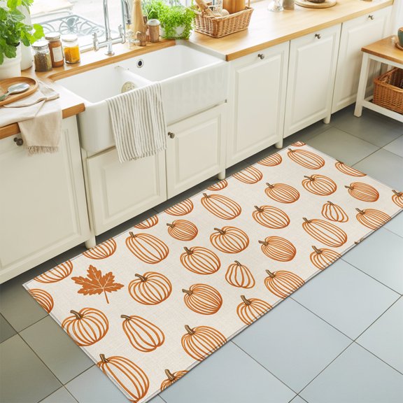 Orange Outline Pumpkins Washable Runner Rugs 2'x6', Autumn Maple Leaf Beige Washable Runner Rug Non-Slip Sturdy Edge Binding Carpet for Bedside Hallway Runner Kitchen Galley