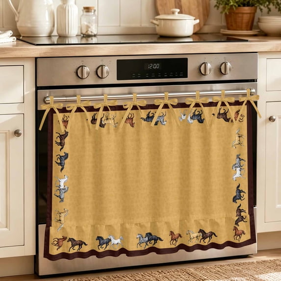 Orange Oven Skirt for Farmhouse Kitchen Décor, Farmhouse Chic Country Nature Horse Oven Curtain Tie Top Decorative Stove Skirt, Cabinet Dish Washer Curtains with 8 Ribbon Ties 32"x24"