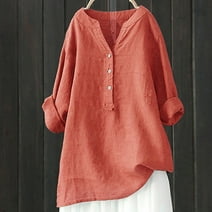 Orange Oversized T Shirts For Women's Solid Color Loose Plus Size Long Cotton Texture Dress Shirt Cotton Long Sleeve