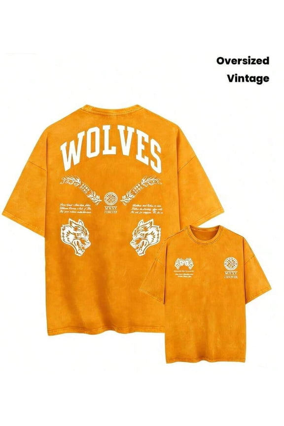 Orange Oversized Vintage Washed Wolf Graphic T-Shirt, Loose Fit Streetwear Tee