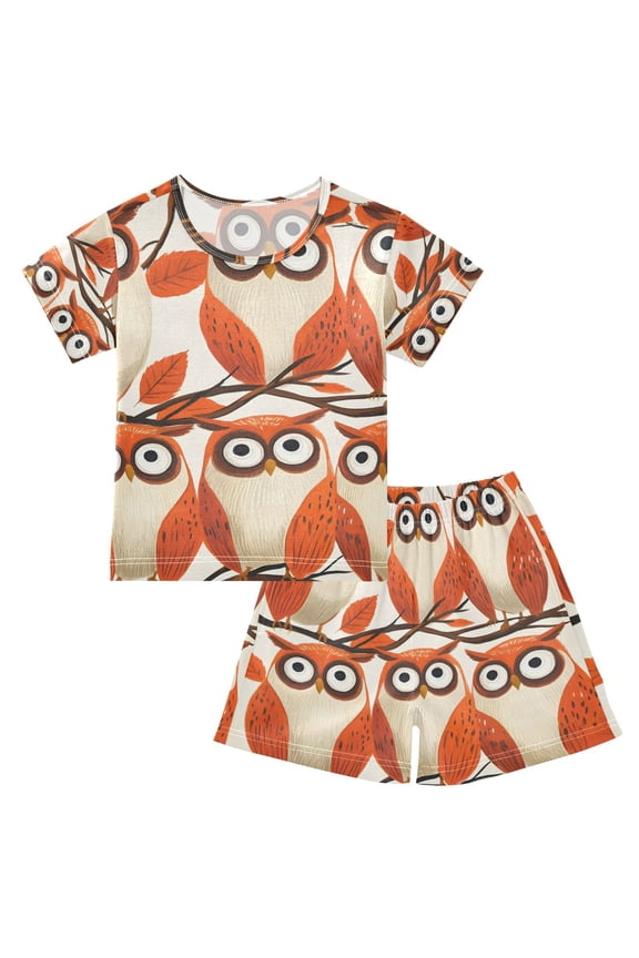 Orange Owl Plush Absorbent Summer Pajama Set Soft Cotton Short Sleeve Sleepwear 2PCS Pajama Sets Breathable Lounge Set Size 6Y