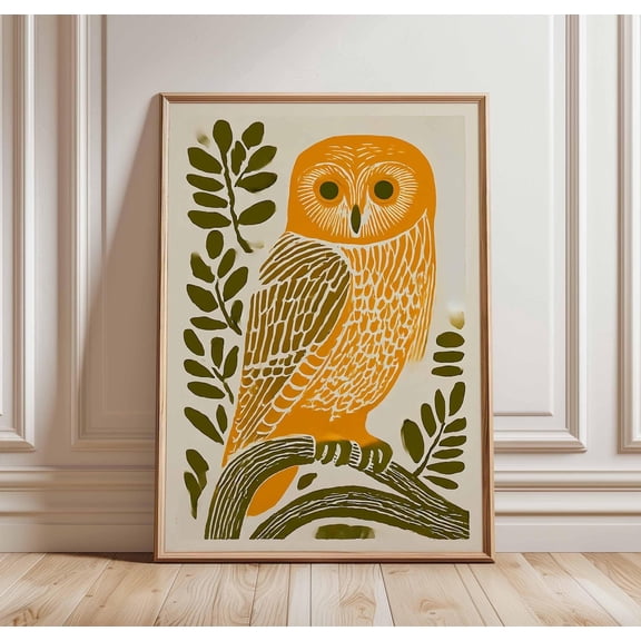 Orange Owl Woodland Animal Mid Century Folk Art Linocut Bird Decor Unframed Paper Print
