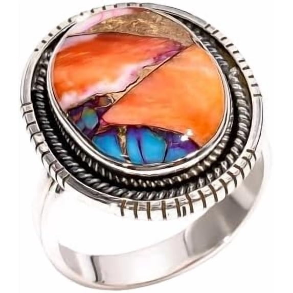 Orange Oyster Turquoise Stone 925 Sterling Silver Handmade Statement Rings Jewelry