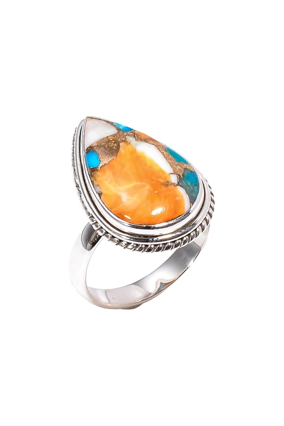 Orange Oyster Turquoise Stone Ring 925 Sterling Silver Boho Rings Jewelry Gift for Her