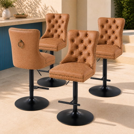 Orange PU Leather Swivel Bar Stools Set of 4 with Upholstered Back, Adjustable Counter Height Barstools, Bar Chairs for Home Bar Kitchen Island Pub Restaurant (4 Pcs, Orange)