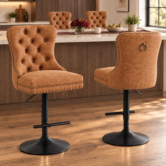 Orange PU Leather Swivel Bar Stools Set of 4 with Upholstered Back, Adjustable Counter Height Barstools, Bar Chairs for Home Bar Kitchen Island Pub Restaurant (4 Pcs, Orange)