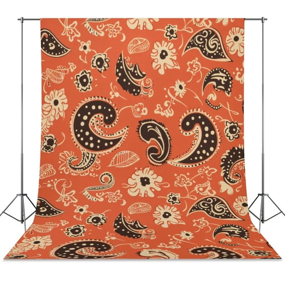 Orange Paisley Floral Pattern Design Textile Print Backdrop Background for Photography Photo Booth Backdrop for Photoshoot Background Screen Video Recording Parties Curtain