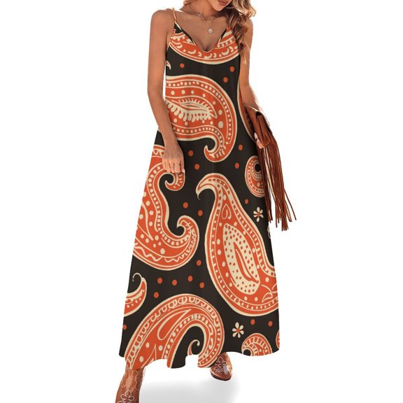 Orange Paisley Pattern Dark Background Sleeveless Dress for Women Clothing Female Women's Summer Skirt