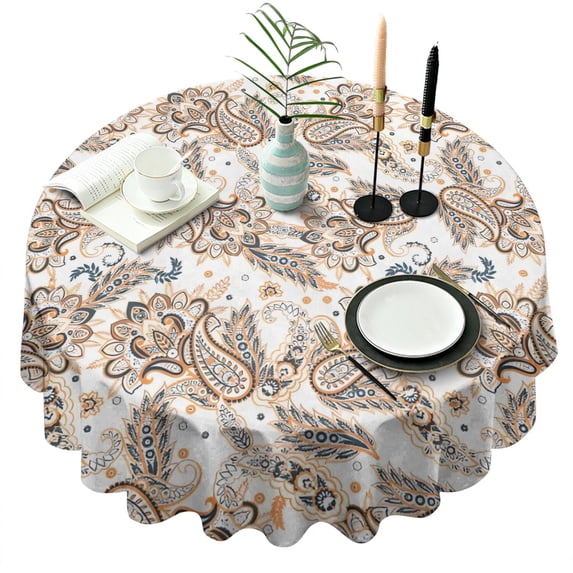 Orange Paisley Pattern Round Tablecloth 60"x60",Wrinkle Wipeable Table Cloth for Kitchen Dining Room Picnic Patio Party