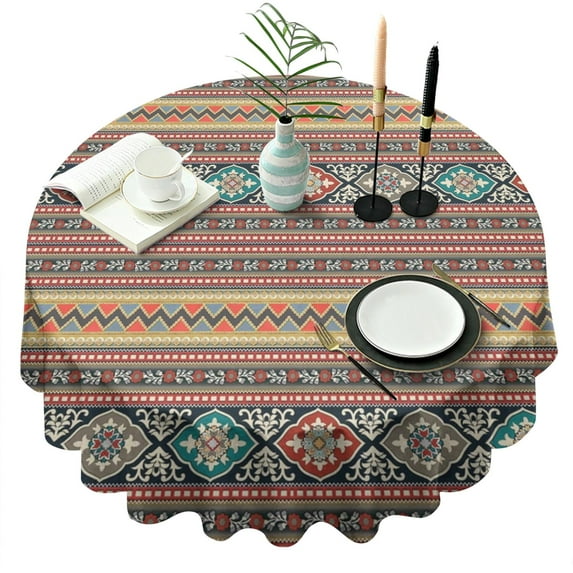 Orange Paisley Pattern Round Tablecloth 60"x60",Wrinkle Wipeable Table Cloth for Kitchen Dining Room Picnic Patio Party