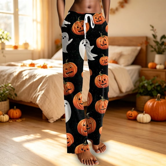 Orange Pajama Pants Women Loose Fit Lounge Pants, Comfy Loungewear L