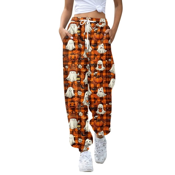Orange Pajama Pants Women Wide Leg Halloween Sleepwear Home Wear S