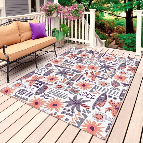 Orange Palm Coastal Outdoor Rug for Patio/Deck/Porch, Non-Slip Large Area Rug 6 x 9 Ft, Summer Tropical Botanical Tree Indoor Outdoor Rugs Washable Area Rugs, Reversible Camping Rug Carpet Runner