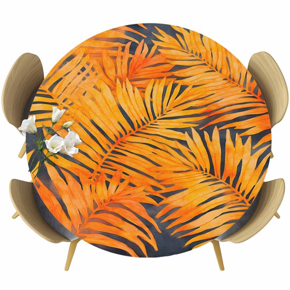 Orange Palm Leaf Round Tablecloth 36-44 Inch Round Fitted Table Cloth with Elastic Edge, Pastoral Tropical Botanical Leaves Waterproof Table Cover Protector for Outdoor Picnic Party Dining