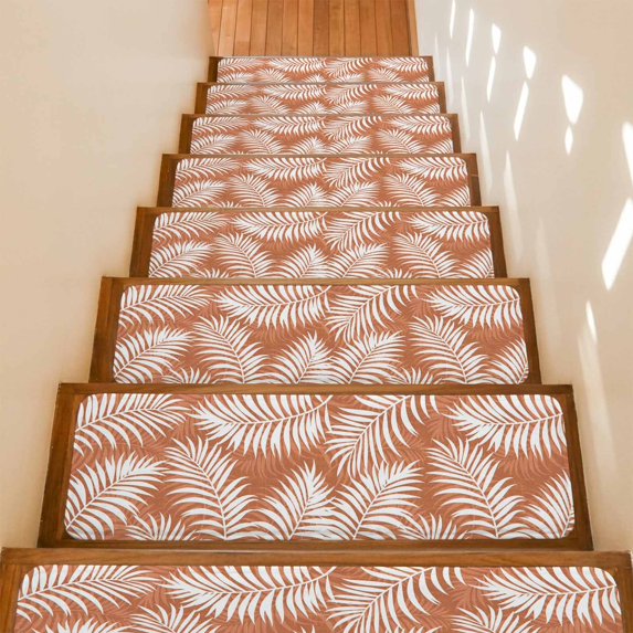 Orange Palm Leaf Stair Treads Non Slip for Steps Country Coastal Tropical Boho Beach Tree Leaves 4 Pcs Reusable Adhesive Stair Runner Mats for Dogs Elders Carpet Treads Rugs for Staircase 8x30 In