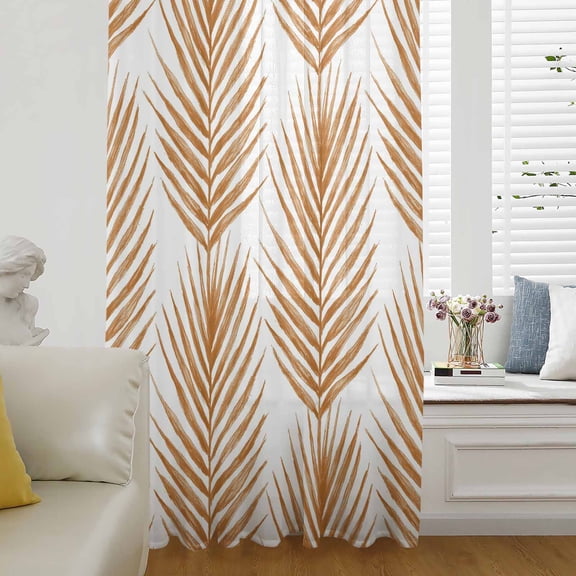 Orange Palm Leaves Sheer Curtains 63 Inch Length, Light Filtering Voile Curtain Panel, Summer Jungle Tropical Tree Coastal Plants Rod Pocket Drapes Window Treatments for Living Room Bedroom 52"x63"