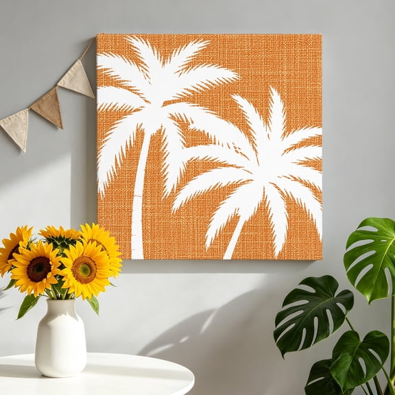 Orange Palm Tree Canvas Wall Art for Living Room, Summer Tropical Beach Country Tree Leaf Linen Texture Poster Print Painting for Bedroom Office Home Decoration Wall Pictures Prepare To Hang 12"x12"