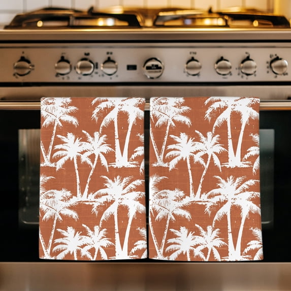 Orange Palm Tree Summer Kitchen Towels Set of 3, Beach Tropical Botanical Coastal Absorbent Dish Towels for Kitchen, Microfiber Hand Towel, Quick Drying Tea Towel for Cleaning Decorative Dishcloths