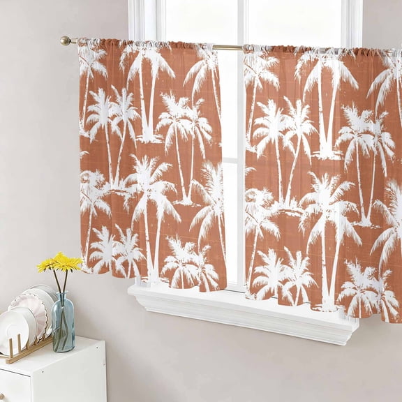 Orange Palm Tree Summer Sheer Curtains for Living Room Bedroom Beach Tropical Botanical Coastal Sheer Curtains 45 Inch Long 2 Panels Set Light Filtering Curtain Window Treatments Dining Room Drapes