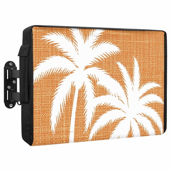 Orange Palm Tree Waterproof Outdoor TV Cover, Summer Tropical Beach Country Tree Leaf Linen Texture Outside Weatherproof TV Enclosures for 80 to 85 Inch LCD Television Shield Flat Screen Protectors
