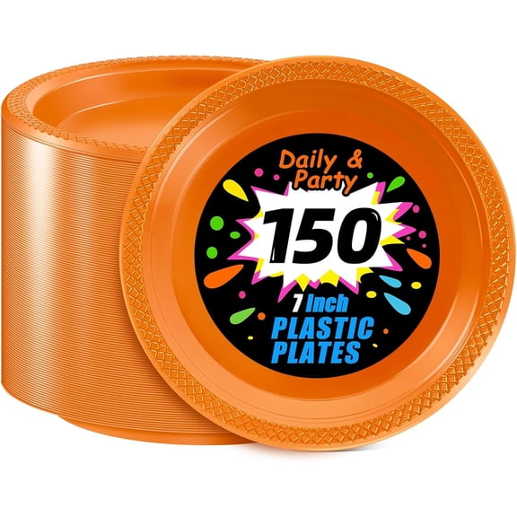 Orange Party Plates 7 Inch -150 Count, Disposable Plastic Dessert Plates for Party Easter Cake Appetizers Salad Picnic BBQ Wedding Engagement Birthday