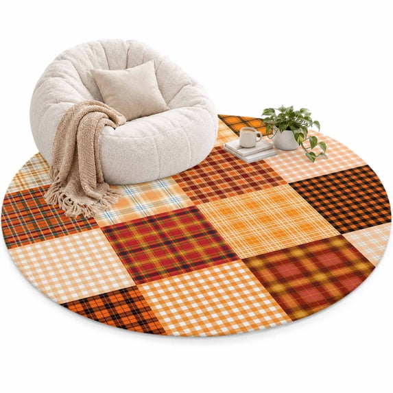 Orange Patchwork Area Rug 3', Fall Country Farmhouse Brown Red Stripe ...