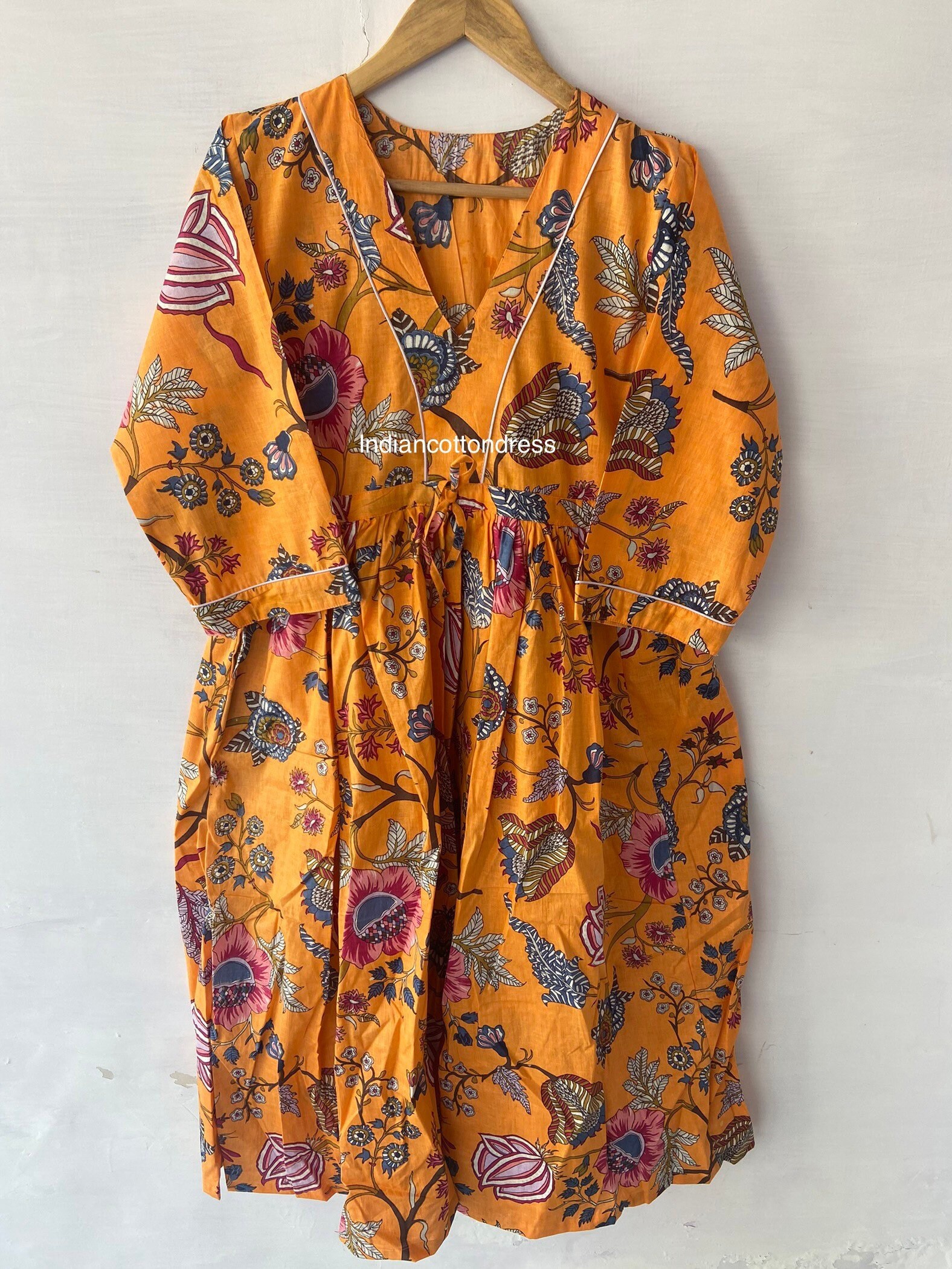 Orange Pattern Floral Design Dresses Handmade Cotton Dress Block Orange Pattern Floral Design Dresses Handmade Cotton Dress Block