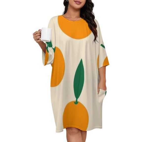 Orange Pattern Simple Fruit Design Sleepshirts For Sleeping Travels Loose Sleepdress Pajama Dress Soft Nightdress Sleepwear