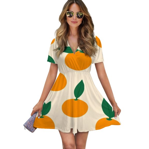 Orange Pattern Simple Fruit Design Women Dress V-Neck Short Sleeve Flowy Swing Party Midi Dress