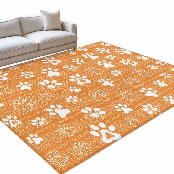 Orange Paw Print Area Rugs 3x5ft Modern Classic Orange White Animal Large Paw Pattern Plaid Floor Rug Non Slip Low Pile Ultra Soft Throw Carpet for Entryway Indoor Entrance Kitchen Bathroom