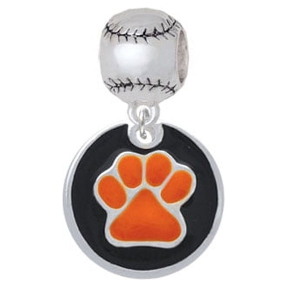 Orange Paw on Black Disc - Softball Charm Bead
