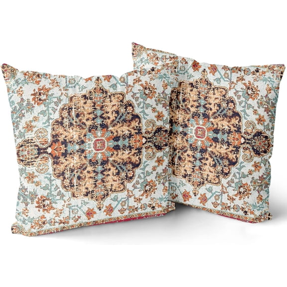 Orange Peach Aqua Ethnic Boho Throw Pillow Covers 16x16 Inch Bohemian Carpet Vintage Black Coral Floral Decorative Pillows Farmhouse Accent Home Decor for Bedroom Couch Sofa Porch Set of 2