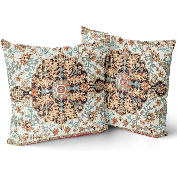 Orange Peach Aqua Ethnic Boho Throw Pillow Covers 18x18 Inch Bohemian Carpet Vintage Black Coral Floral Decorative Pillows Farmhouse Accent Home Decor for Bedroom Couch Sofa Porch Set of 2