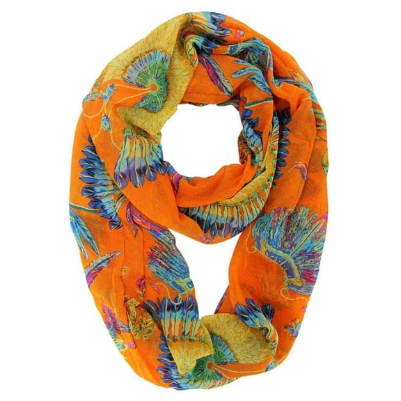 Orange Peacock Print Spring Infinity Scarf