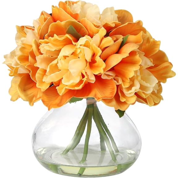 Orange Peonies Artificial Flowers with Glass Vase, Silk Faux Peony Flower Arrangement with Faux Water, Fake Flowers in Vase for Table Centerpieces, Shelf Bathroom Decor, Home & Wedding Decor
