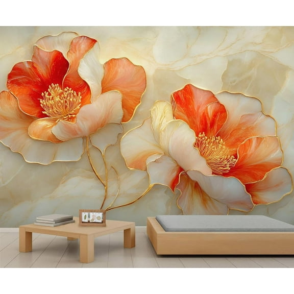 Orange Peony Flowers Mural Wallpaper, Modern Abstract Marble Texture Wall Mural, Marble 3D Murals, Nordic Luxury Art Large Wallpaper For Living Room Bedroom 55"W x 28"H (Not Peel and Stick)