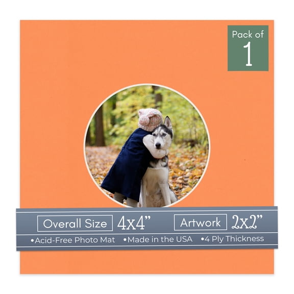 Orange Picture Frame Mat for 4x4 Inch Frames - Circle Opening for 2x2 Photos - 1 Mat