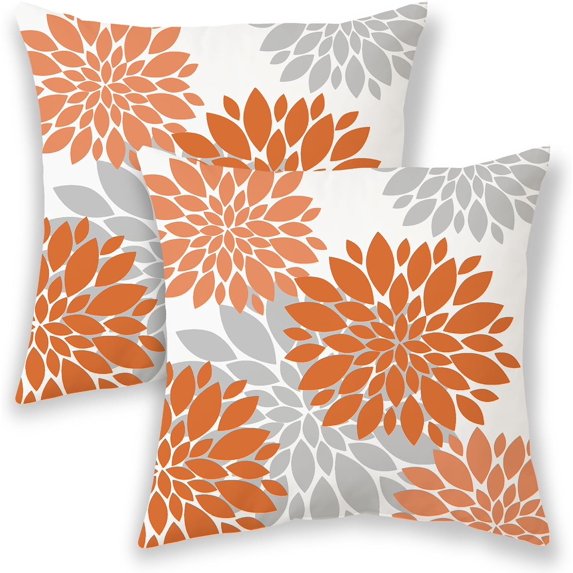 Orange Pillow Covers 18x18 Inch 2 Pcs,Fall Colored Geometric Dahlia Decorative Throw Pillows,Summer Rust Gray Flower Outdoor Decor Pillowcase Linen Square Cushion Cover Gift for Porch Patio Couch