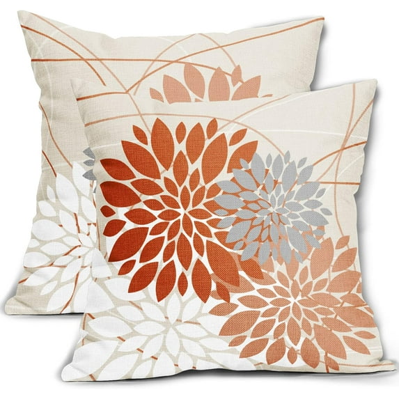 Orange Pillow Covers 18x18 Inch Dahlia Flower Fall Colored Pillow Case Farmhouse Outdoor Decor for Home Bedroom Living Room Rustic Modern Floral Linen Square Cushion Cover, Set of 2
