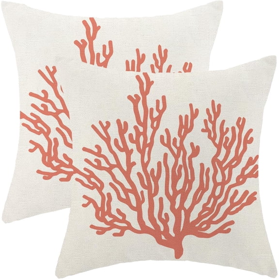 Orange Pillow Covers 18x18 Pack of 2 Summer Coastal Coral Decorative Throw Pillow Covers,Outdoor Decoration Nautical Ocean Theme Coral Pillowcase Farmhouse Square Cushion Case for Couch Sofa