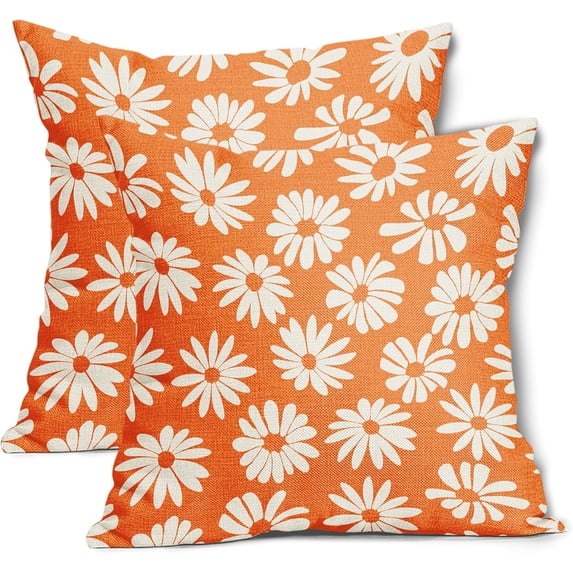 Orange Pillow Covers 20X20 Inch White Floral Daisy Geometry Decorative Couch Pillow Cases Spring Summer Flower Throw Pillows Set of 2 Farmhouse Home Decor for Room Porch Patio Couch Outdoor