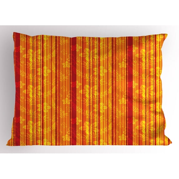 Orange Pillow Sham Vertically Stripes Pattern with Stylized Flowers Swirled Leaves and Dots, Decorative Standard King Size Printed Pillowcase, 36 X 20 Inches, Orange Red Yellow, by Ambesonne