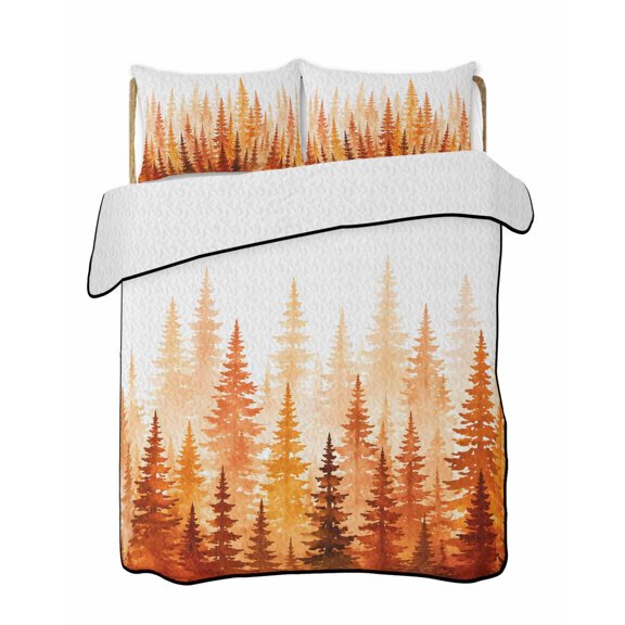Orange Pine Trees Quilts Bedding Set Queen Size Amber Fall Forest Rustic Woodland Rustic Lightweight Quilted Bedspread 3 Piece Bed Quilt with 2 Pillow Shams All Season for Bedroom 78" x 90"