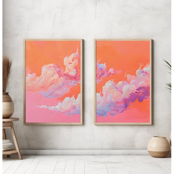 Orange Pink Cloud Sky Landscape Minimalist Pastel Vintage Modern Nursery Home Wall Art Print