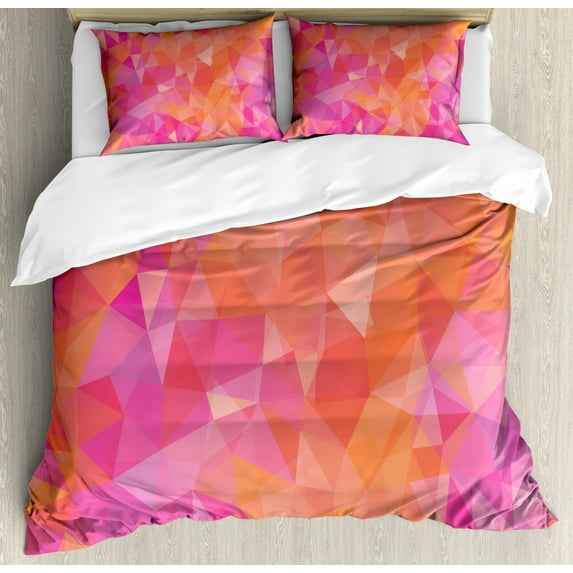 Orange and Pink Duvet Cover Set King Size, Polygonal Composition with Triangles Geometric Illustration Abstract Art, Decorative 3 Piece Bedding Set with 2 Pillow Shams, Multicolor, by Ambesonne