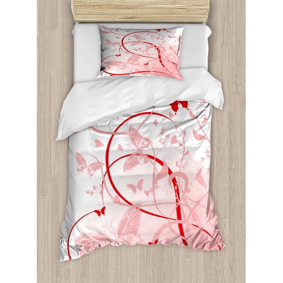 Orange and Pink Duvet Cover Set, Warm Colors Victorian Style Arrangement of Swirls and Lines, Decorative 2 Piece Bedding Set with 1 Pillow Shams, Twin Size, Vermilion and Pale Pink, by Ambesonne